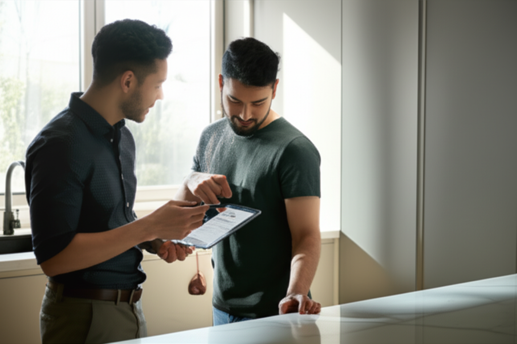 Technician showing transparent pricing estimate to homeowner