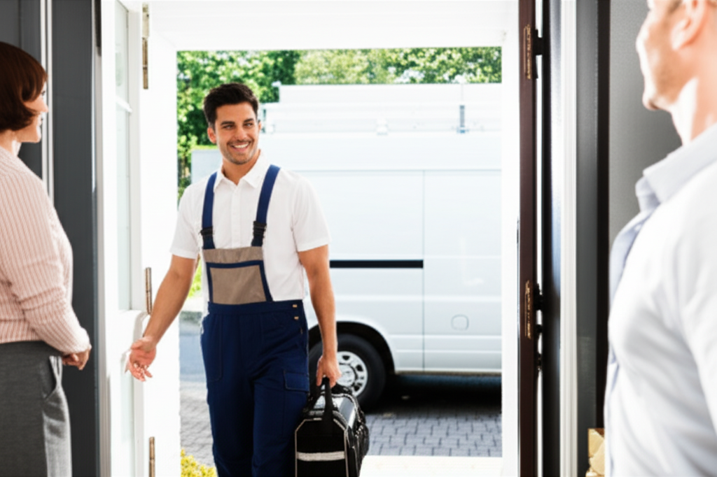 Professional appliance repair technician arriving for service call