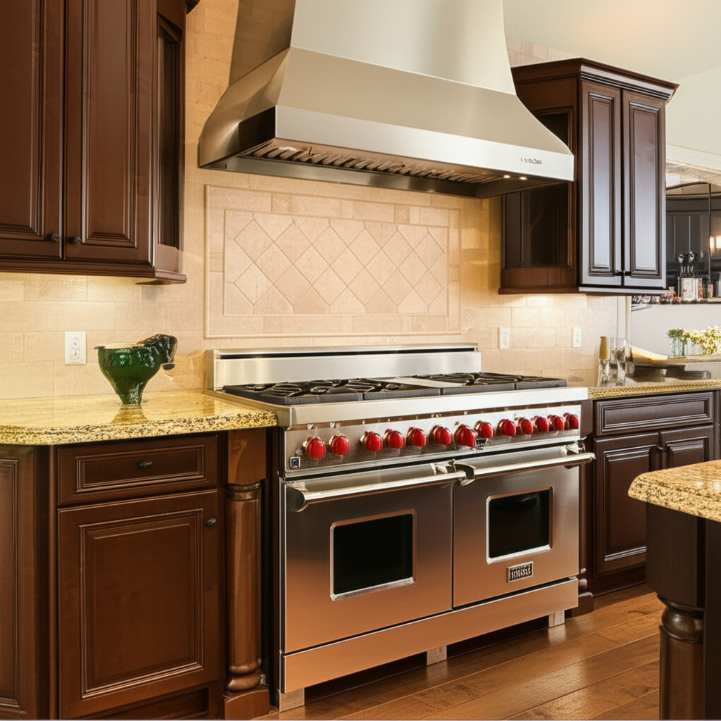 Wolf professional gas range with red knobs